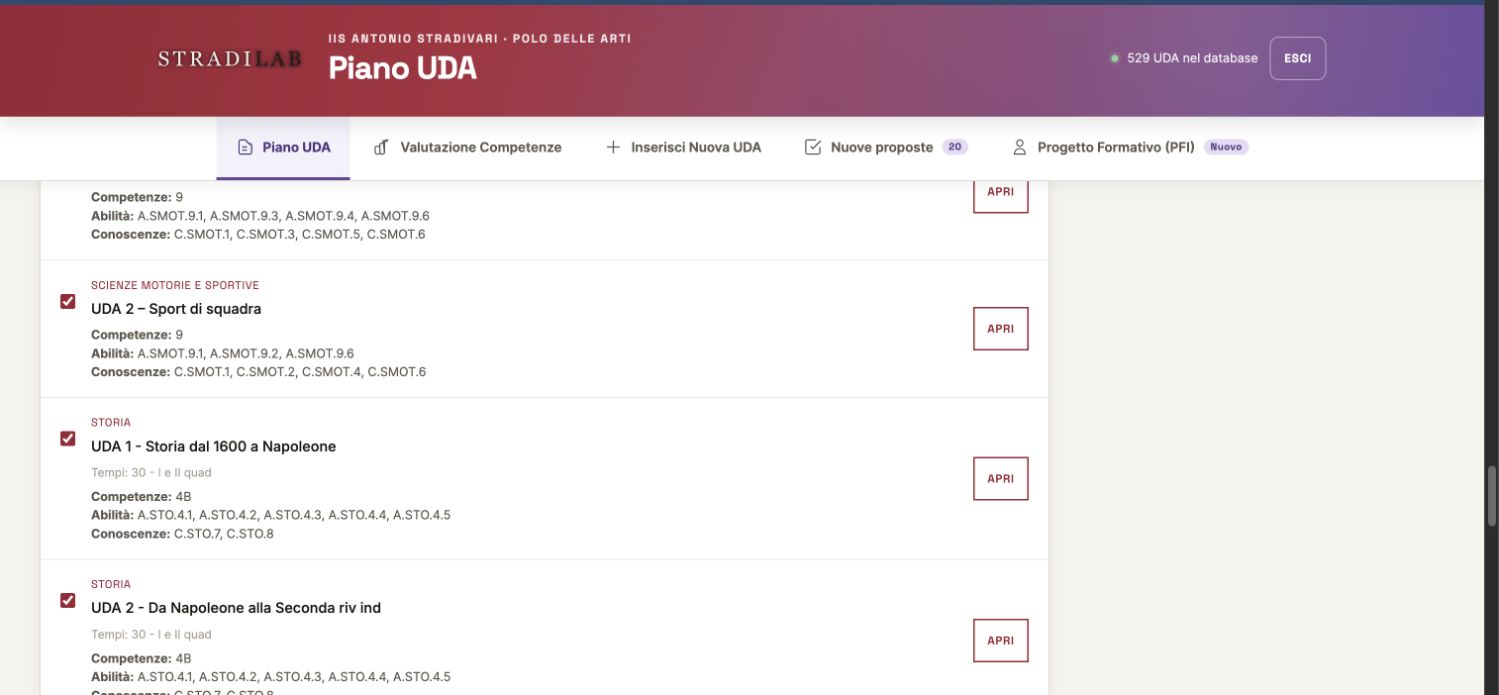 Vista reale del Piano UDA con caselle di selezione, tempi e codici di competenze, abilità e conoscenze